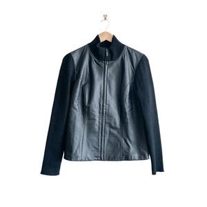 Brandon Thomas Women Leather Ribbed Sweater Mock Neck Zipper Black Medium